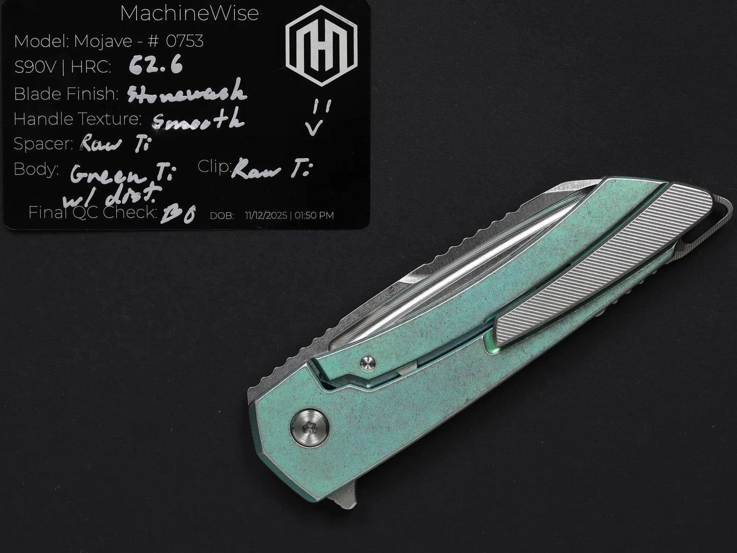 Machinewise Mojave 0753 – 3.45" Stonewash S90V Blade, Green Distressed Titanium Handles