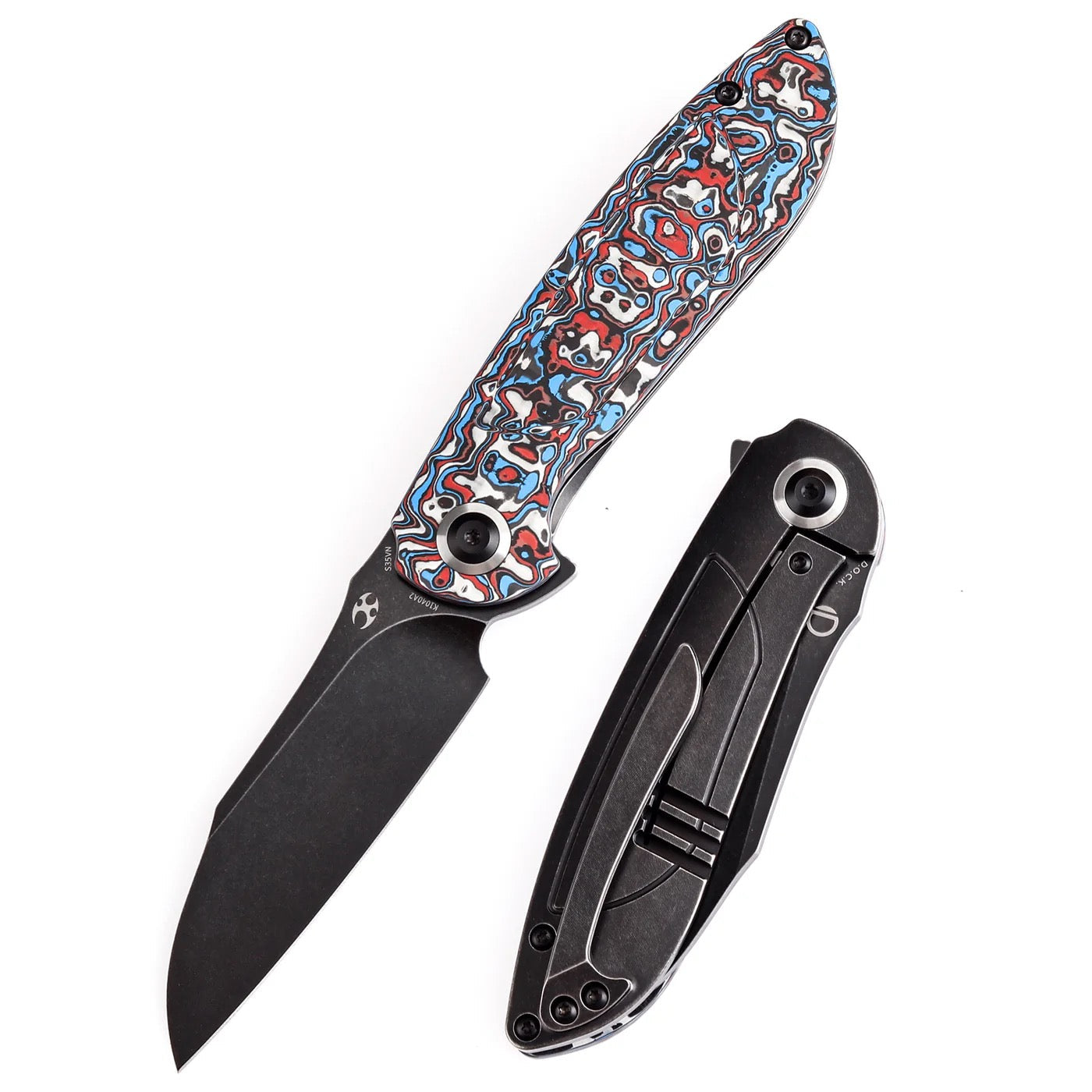 Kansept Prometheus 3.29in S35VN Blackwash Blade Nebula Red/White/Blue Carbon Fiber Handle - K1040A2