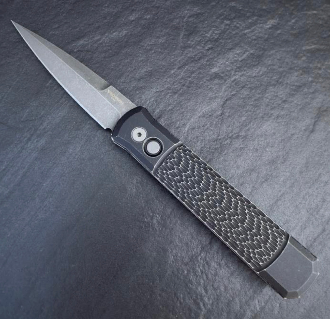 Pro-Tech Godfather 4in Acidwashed Blade Battleworn Jigged Black Handles
