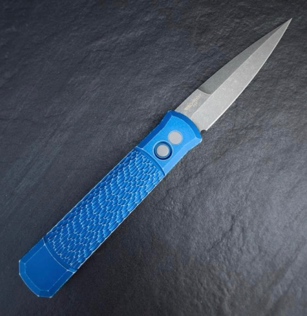 Pro-Tech Godfather LEFT HANDED 4in Acidwashed Blade Battleworn Jigged Blue Handles