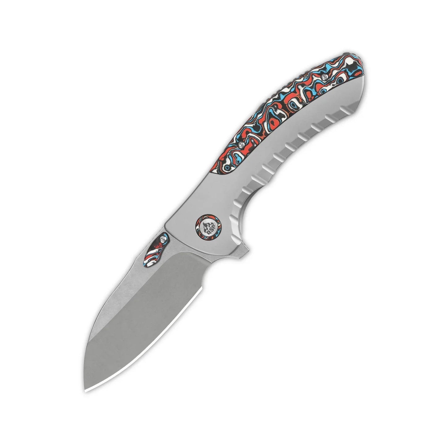 QSP Capybara 3.00" Böhler, M390 bead blast titanium with red blue camo CF inlay QS152-B2