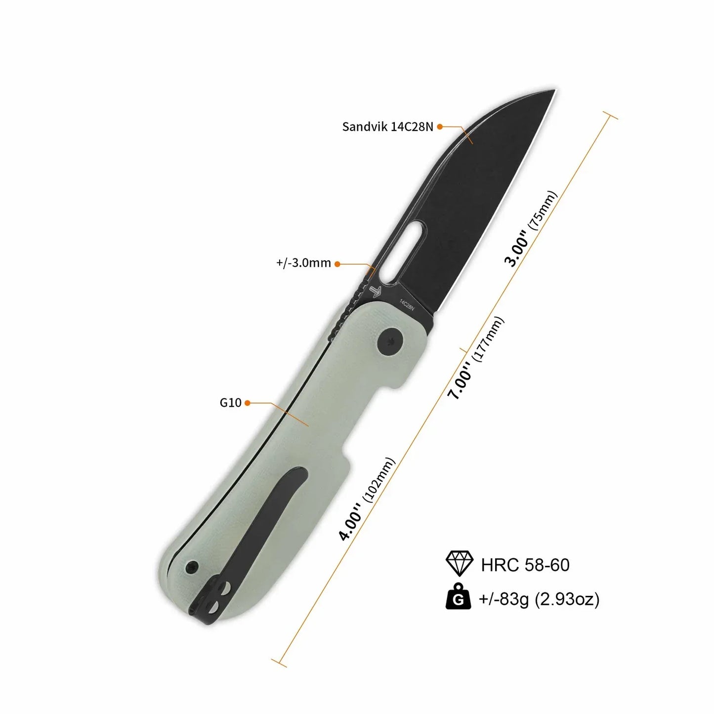 QSP Variant PE 3.00" 14C28N, black stonewashed Jade G10 QS154-B