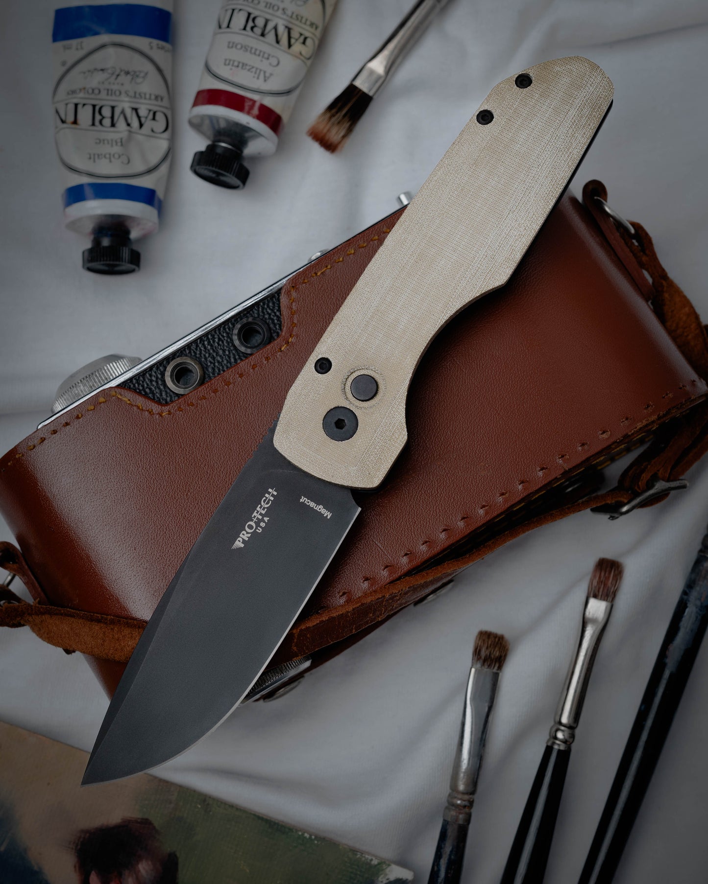 Pro-Tech Knvies Vero Synapse Design DLC Black Magnacut Blade Aluminum / Green Linen Micarta Handles