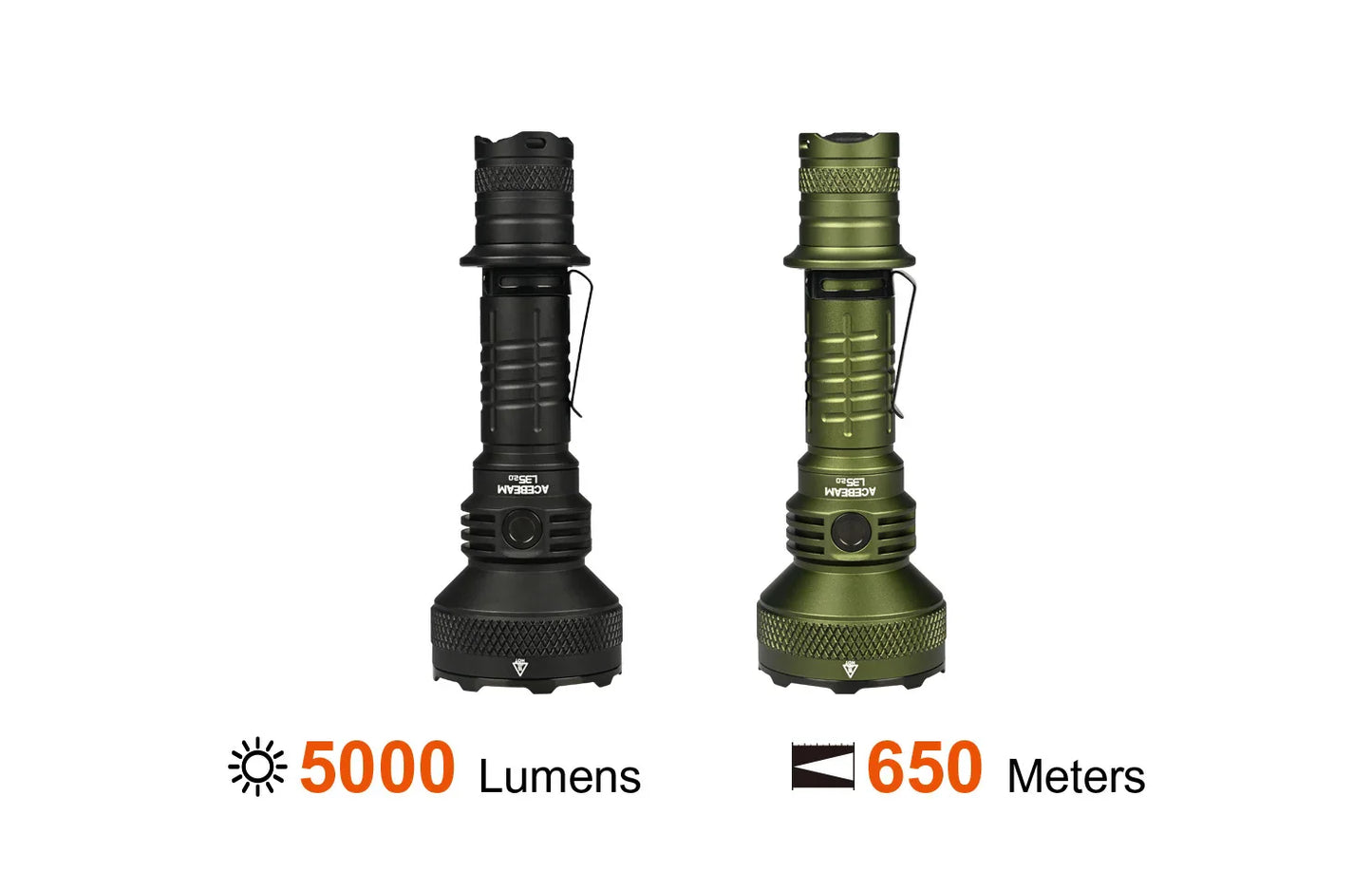 Acebeam L35 2.0 front view – 5000 lumen tactical flashlight in black and green