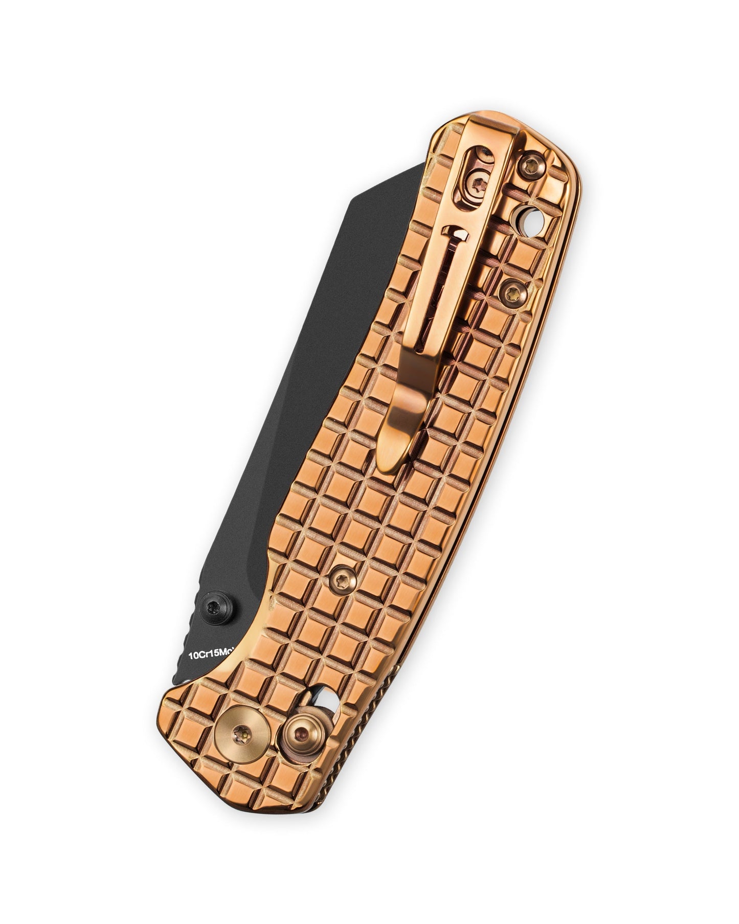 Bestechman Cicada's Wing BMK06-S-4 blade detail – 3.15" 10Cr15MoV Black PVD, Stainless Steel Bronze PVD, B-Lock