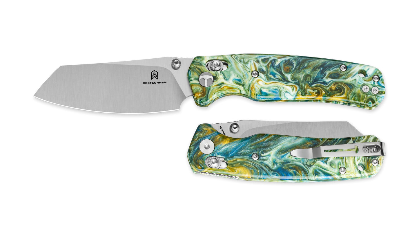 Bestechman Cicada's Wing BMK06P green patterned resin handle scales – 2.03 oz ultralight EDC