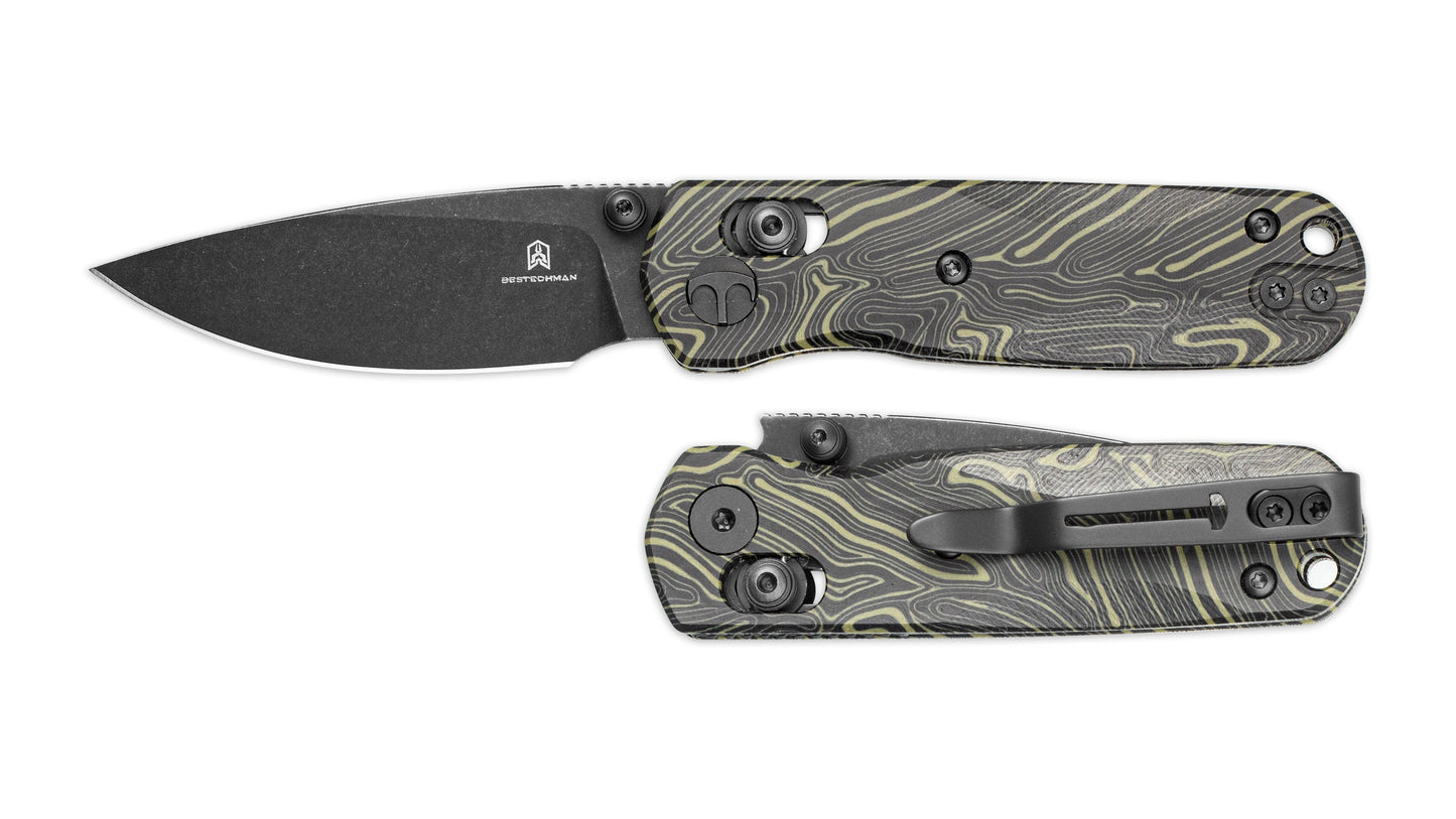 Bestechman SPRITE BMK21F black green G10 handle – black & green G10 scales, B-Lock, deep carry clip