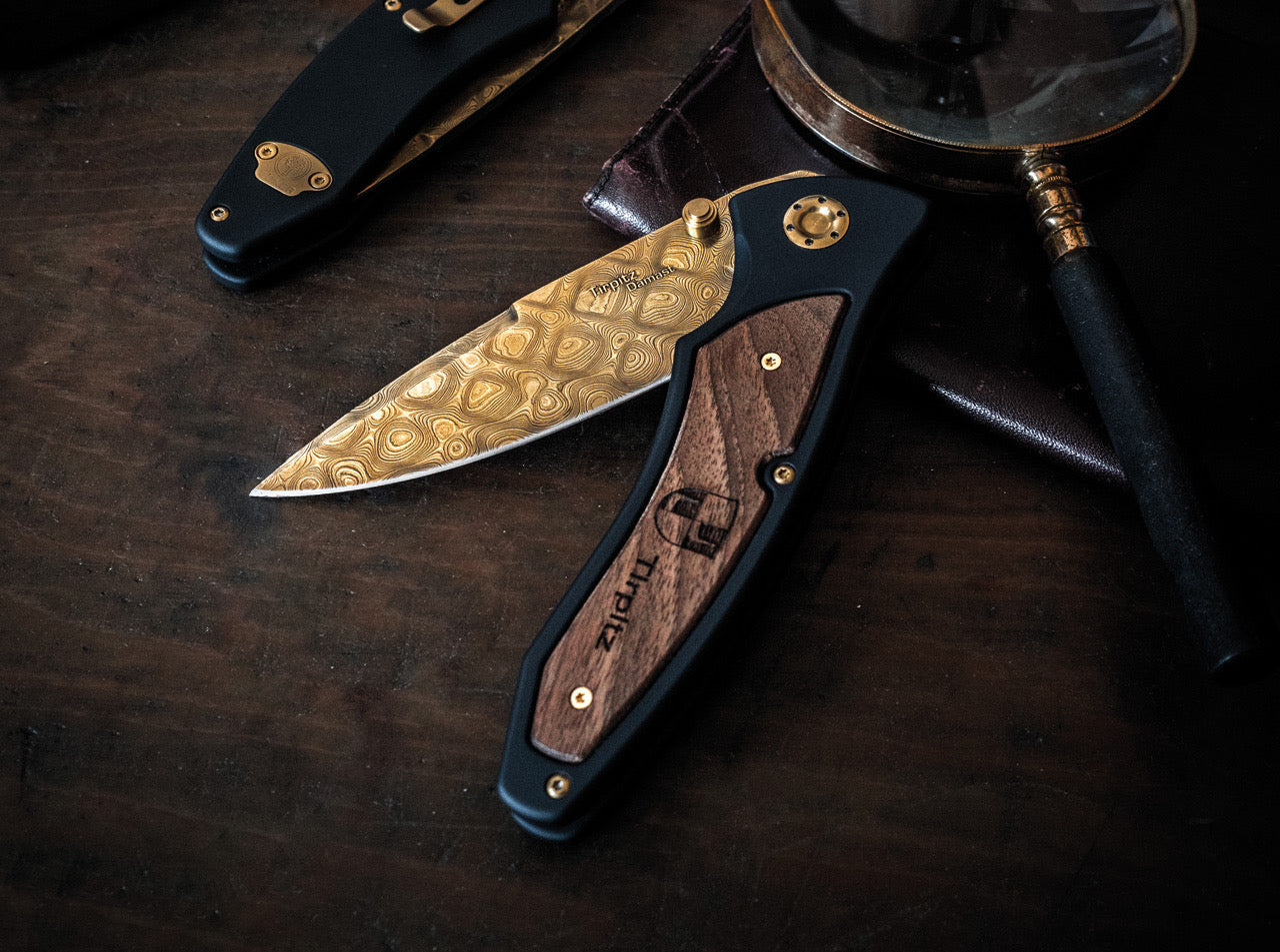 Boker Tirpitz-Damascus 24 Carat Gold Folding Knife 3.9in Damascus Steel Blade