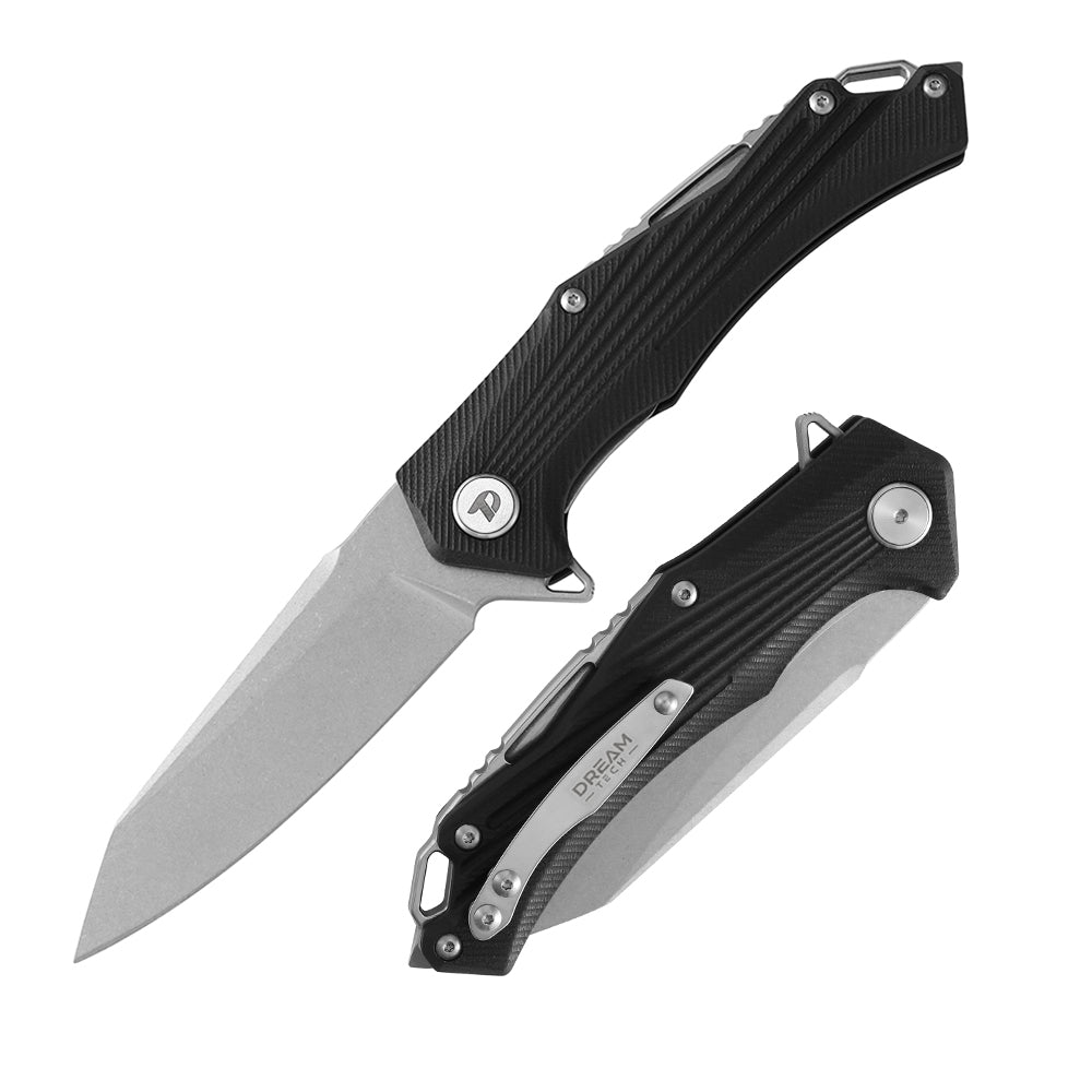 DreamTech D3287GB front view, 3.74-inch satin D2 drop point folding knife with G10 handle