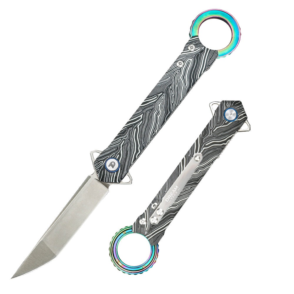 DreamTech D3312GZ front view – 3.35" satin D2 clip point ring folding knife, damascus-pattern G10 handle, rainbow ring, liner lock
