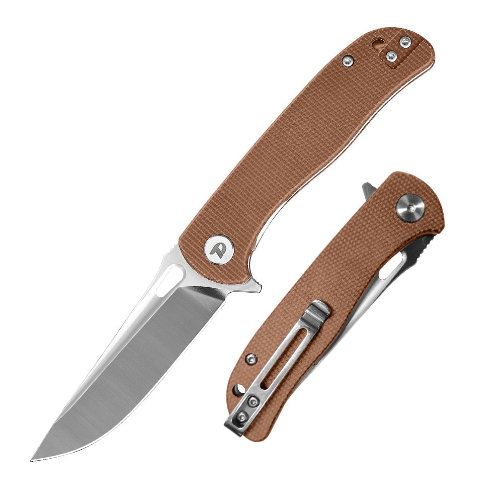DreamTech D3898MO front view – 3.27" satin D2 drop point folding knife, brown micarta handle, liner lock