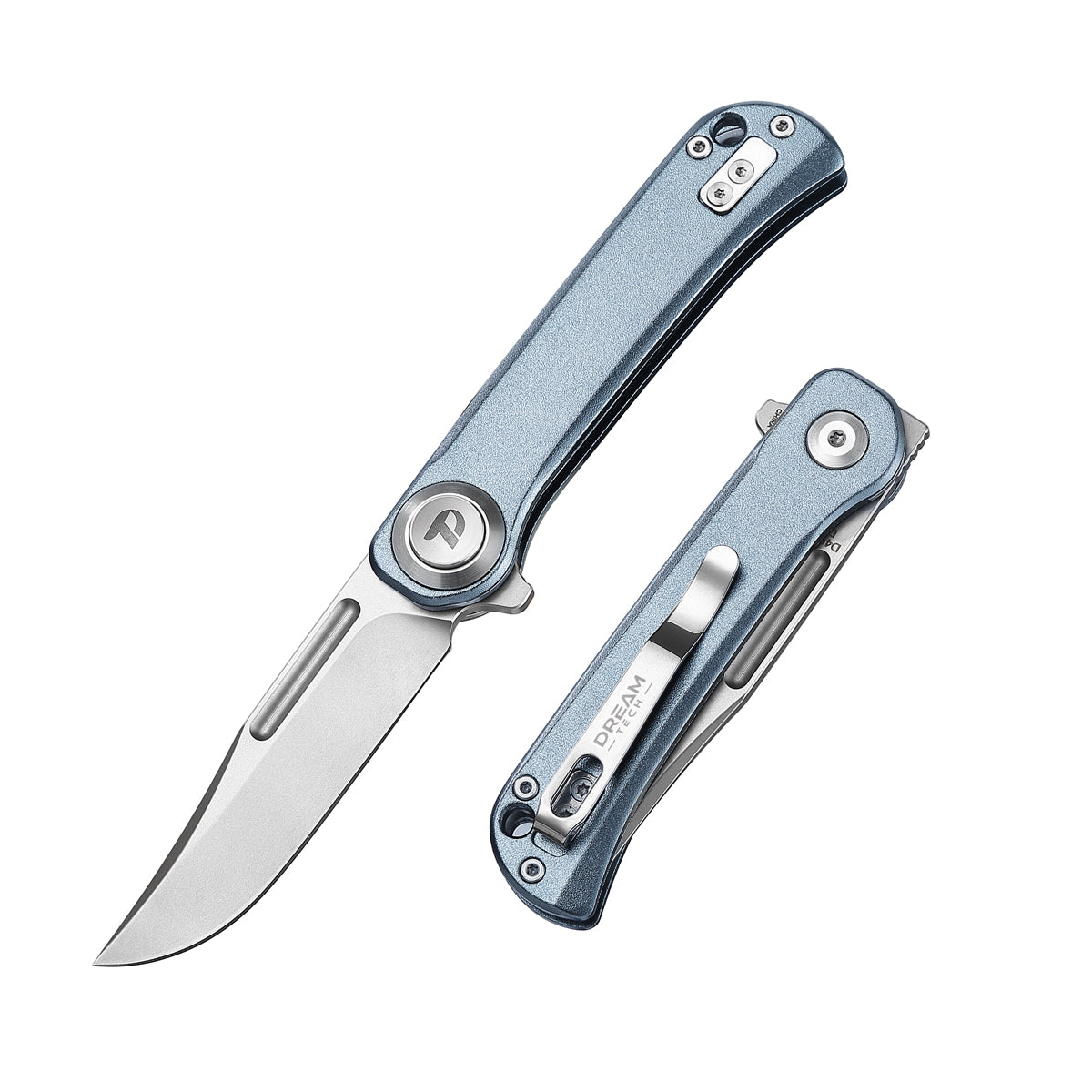 DreamTech D4055AG front view – 4.02" satin D2 drop point folding knife, blue-gray aluminum handle, button lock