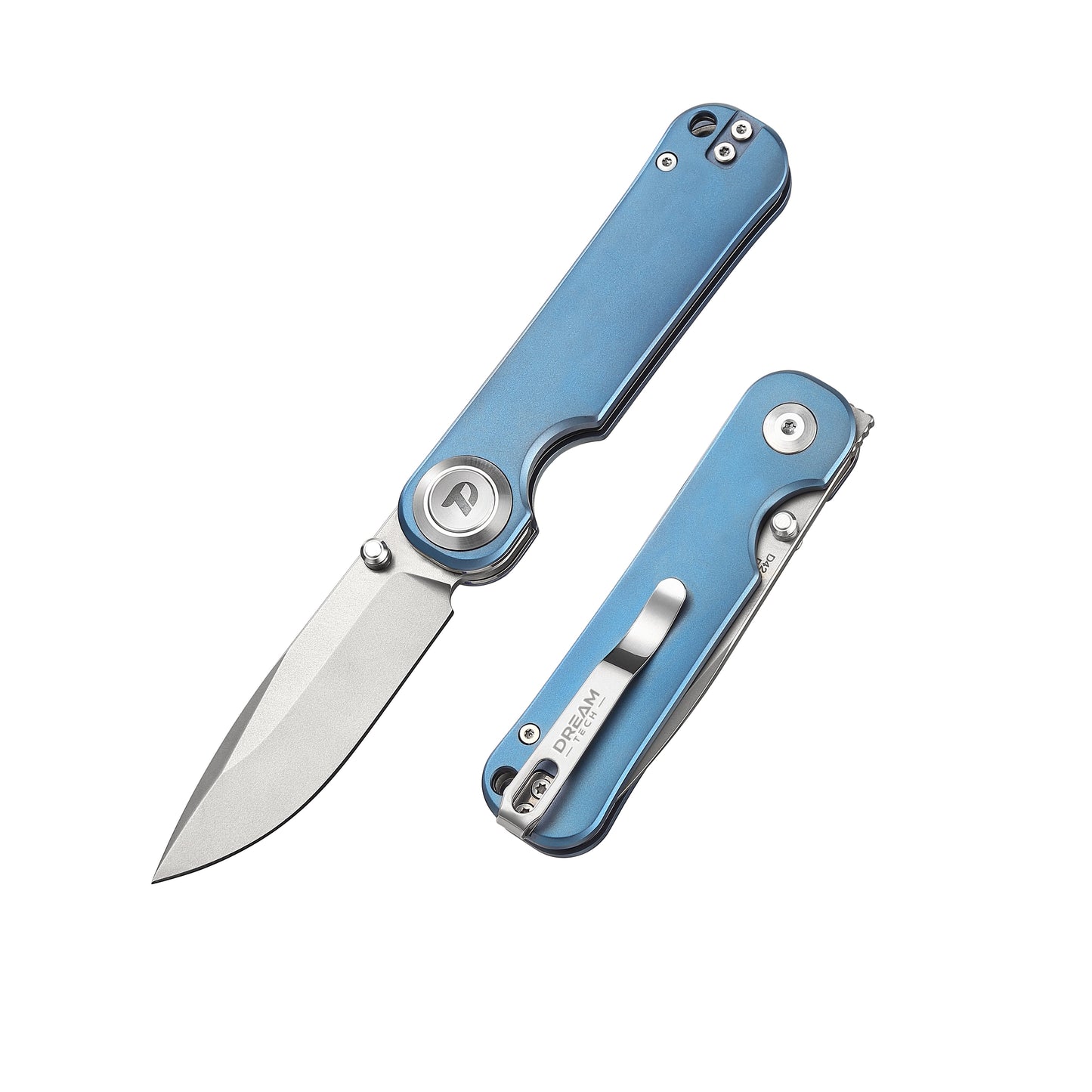 DreamTech D4245TBL front view – 4.02" satin VG10 drop point folding knife, blue titanium handle, button lock