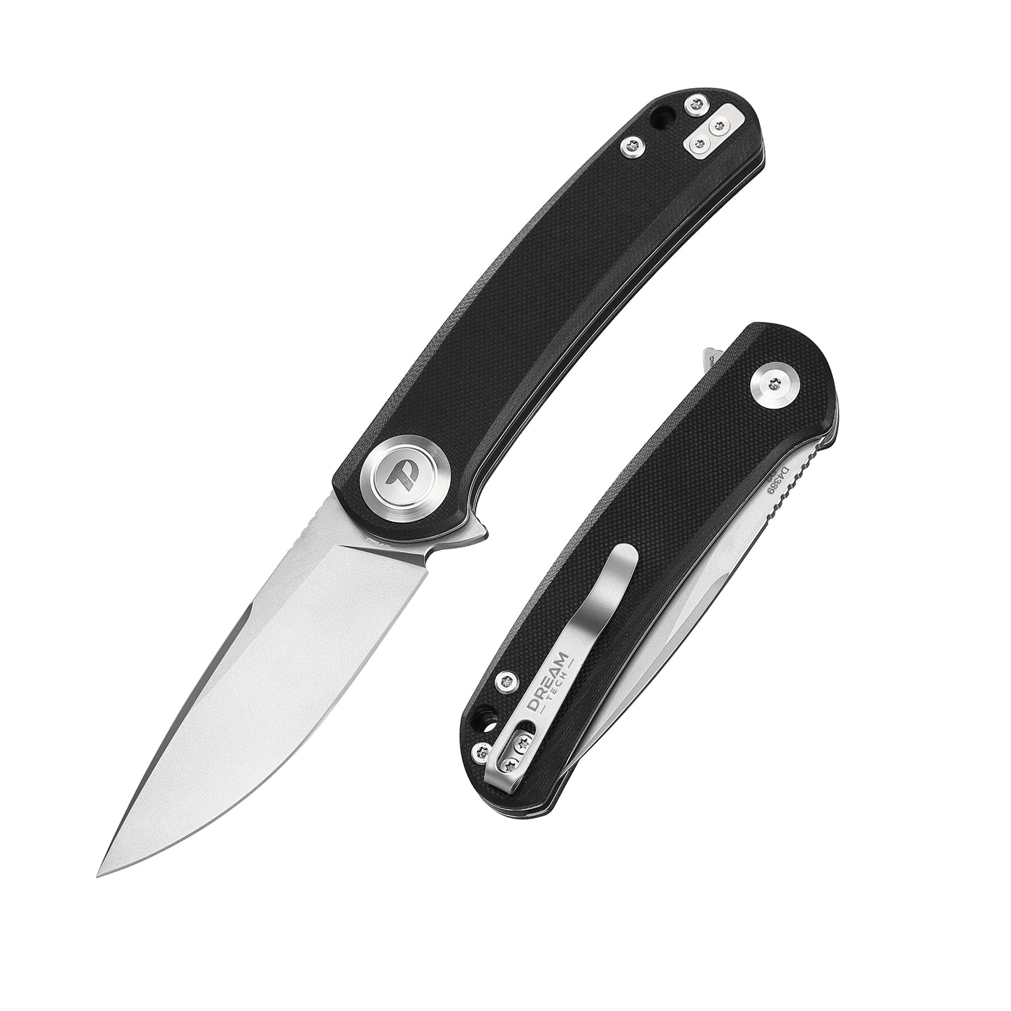 DreamTech D4389GB front view – 4.45" satin D2 drop point folding knife, black G10 handle, button lock