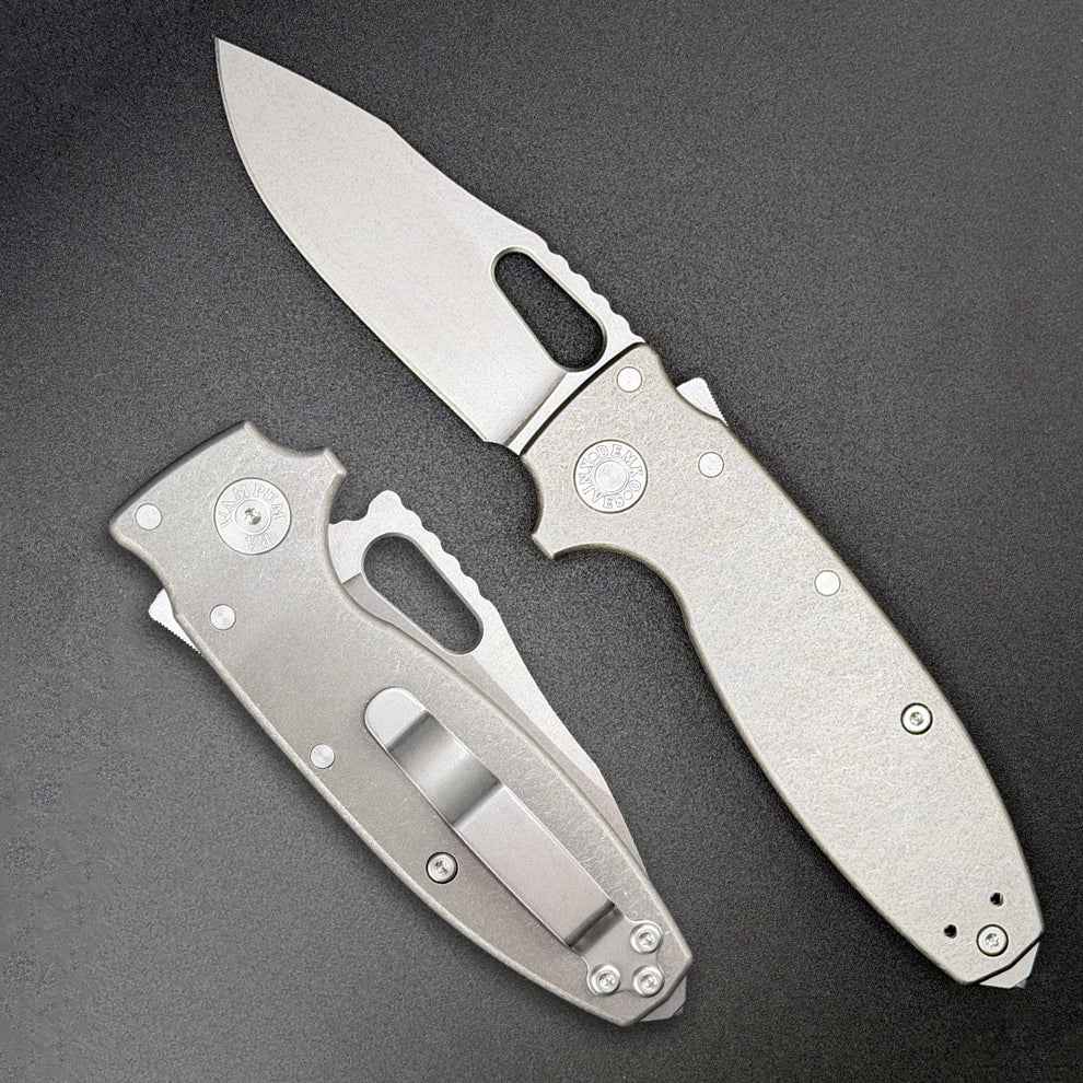 Demko Knives Shark-A-Tac MagnaCut Smooth Titanium Spike front view – 3.5" stonewashed CPM MagnaCut clip point folding knife with smooth titanium handle