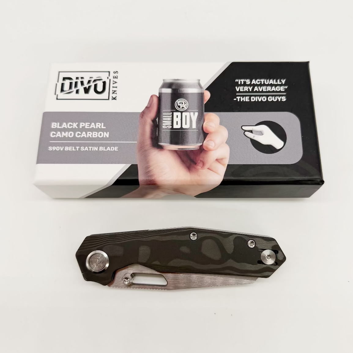 Divo Knives Small Boy Black Pearl Camo Carbon retail box with the closed carbon fiber folding knife