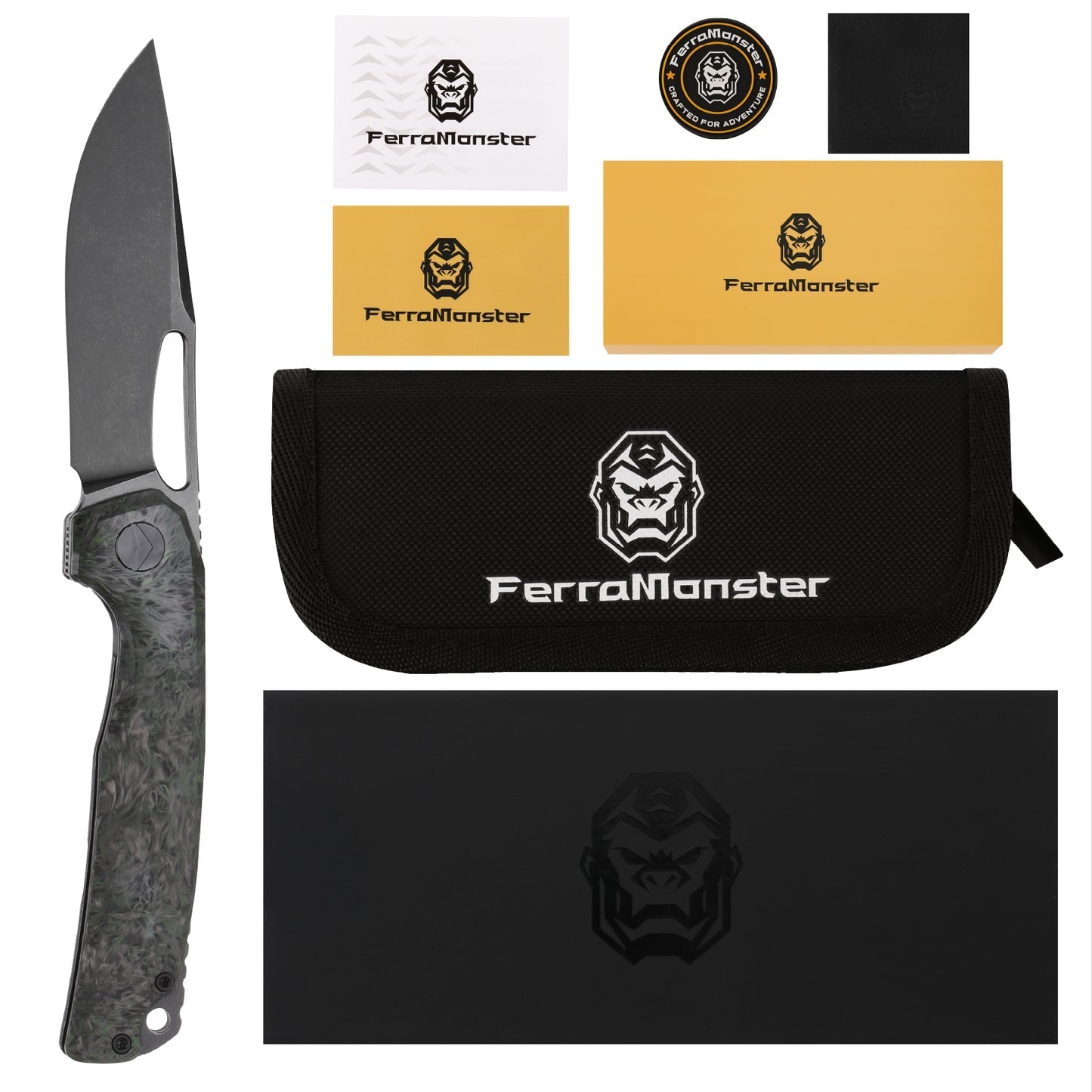 FerraMonster FERROX FM23006-C – 3.5" Black Stonewash M390 Blade, Dark Matter Green FatCarbon & Titanium Frame Lock Knife