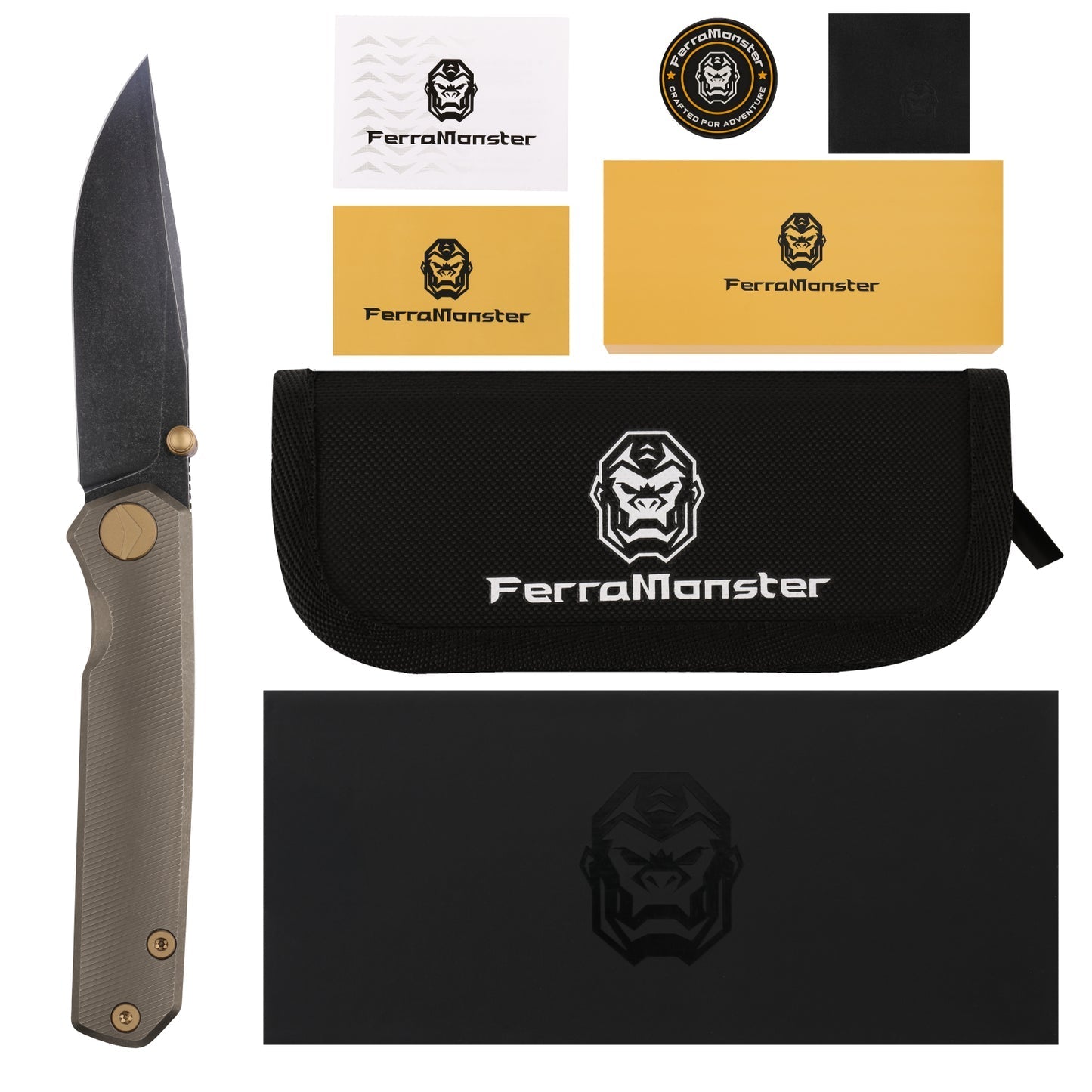 FerraMonster Kroma FM23008-C – 2.95" Black Stonewash Elmax Folding Knife, Bronze Stonewash Titanium Handle, Frame Lock Gentleman’s EDC