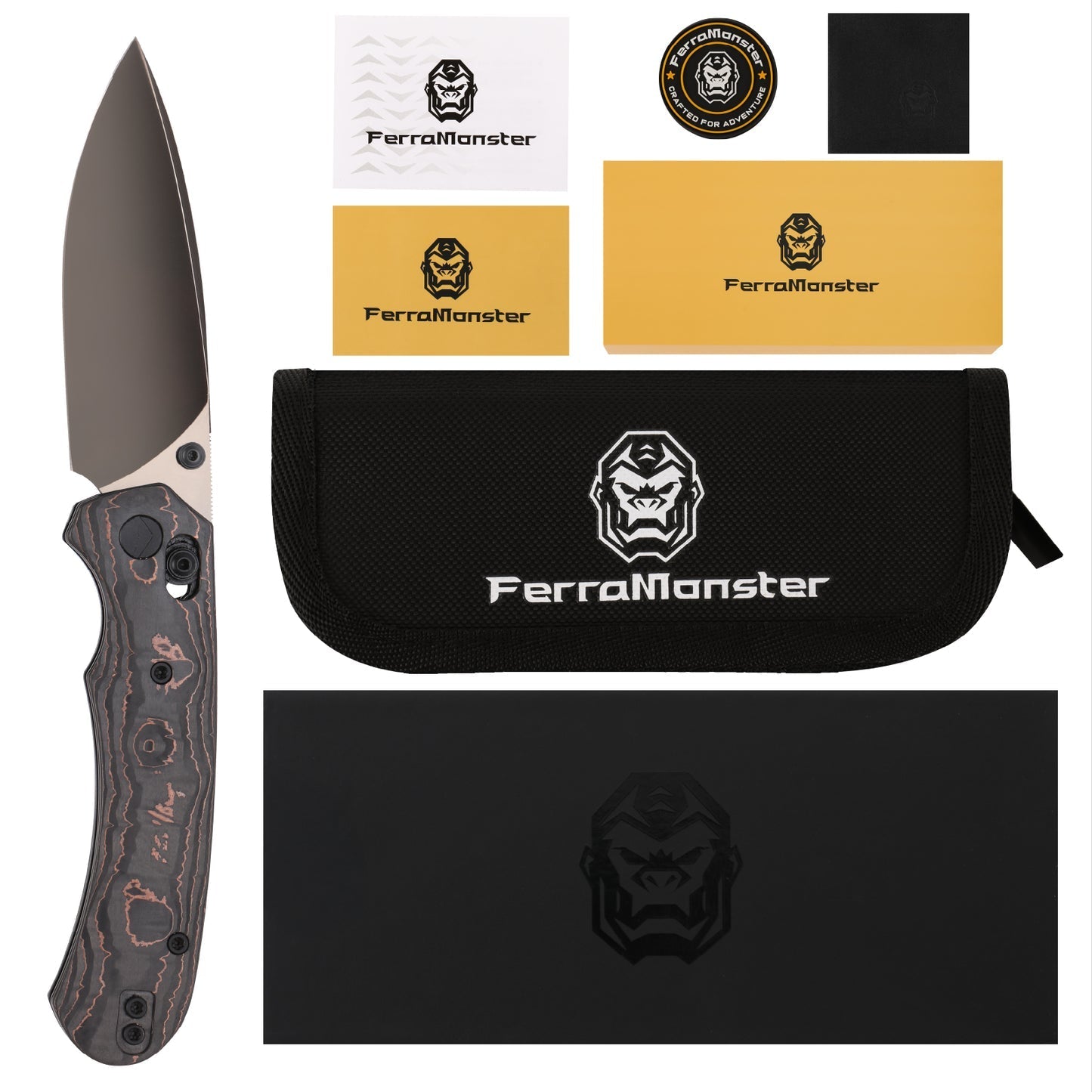 FerraMonster Spectrum FM23004-D – 3.31" Black DLC M390 Blade, Copper Foil Carbon Fiber Crossbar Lock Knife