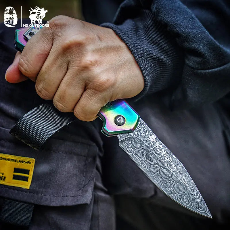 HX OUTDOORS CHAMELEON ZD-084 – 3.46" 5Cr15 Slip Joint Pocket Knife with Aluminum Damascus-Pattern Handle