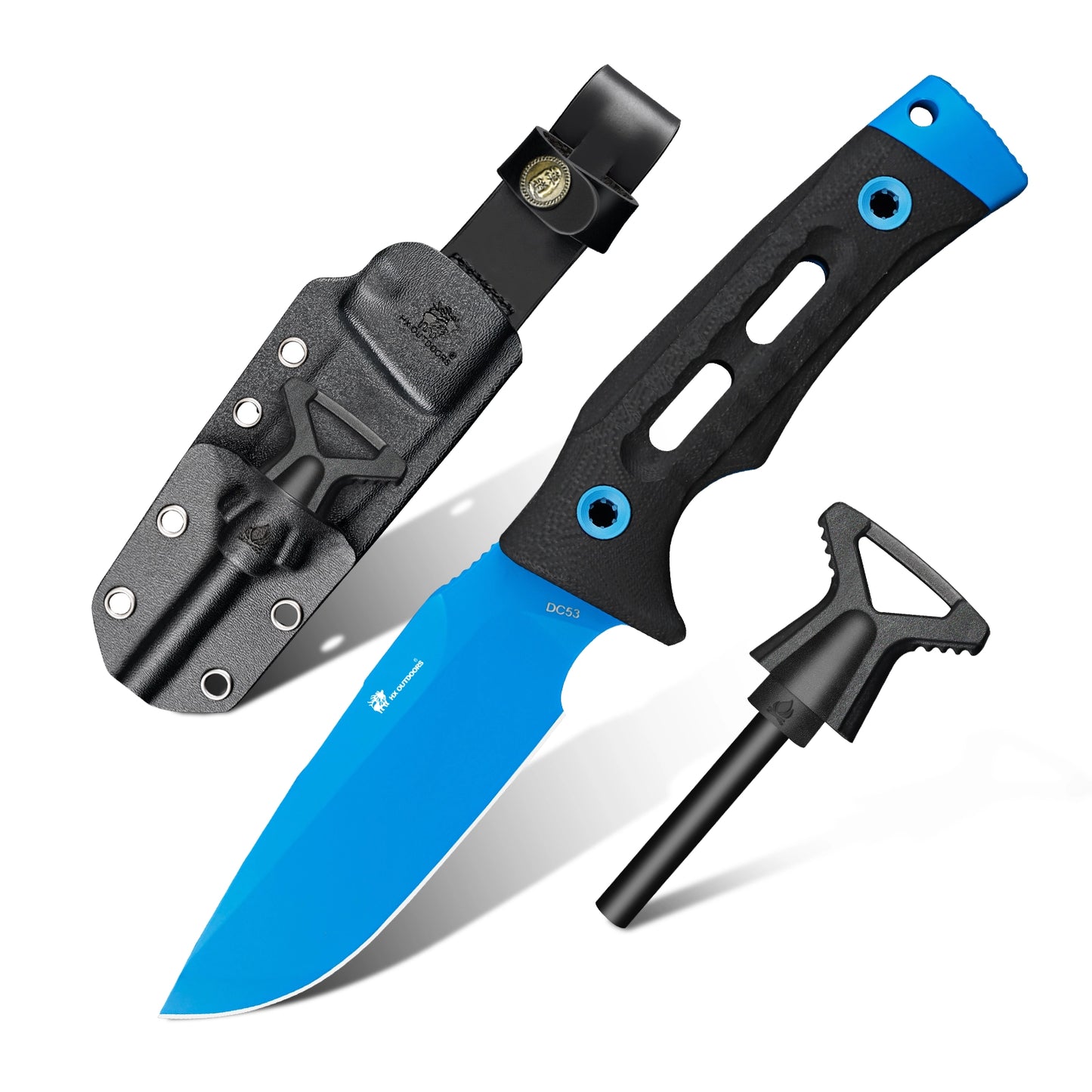 HX OUTDOORS Rock Apex TD-18L – 3.7" DC53 Fixed Blade Knife with Blue Teflon Blade & Black G10 Handle