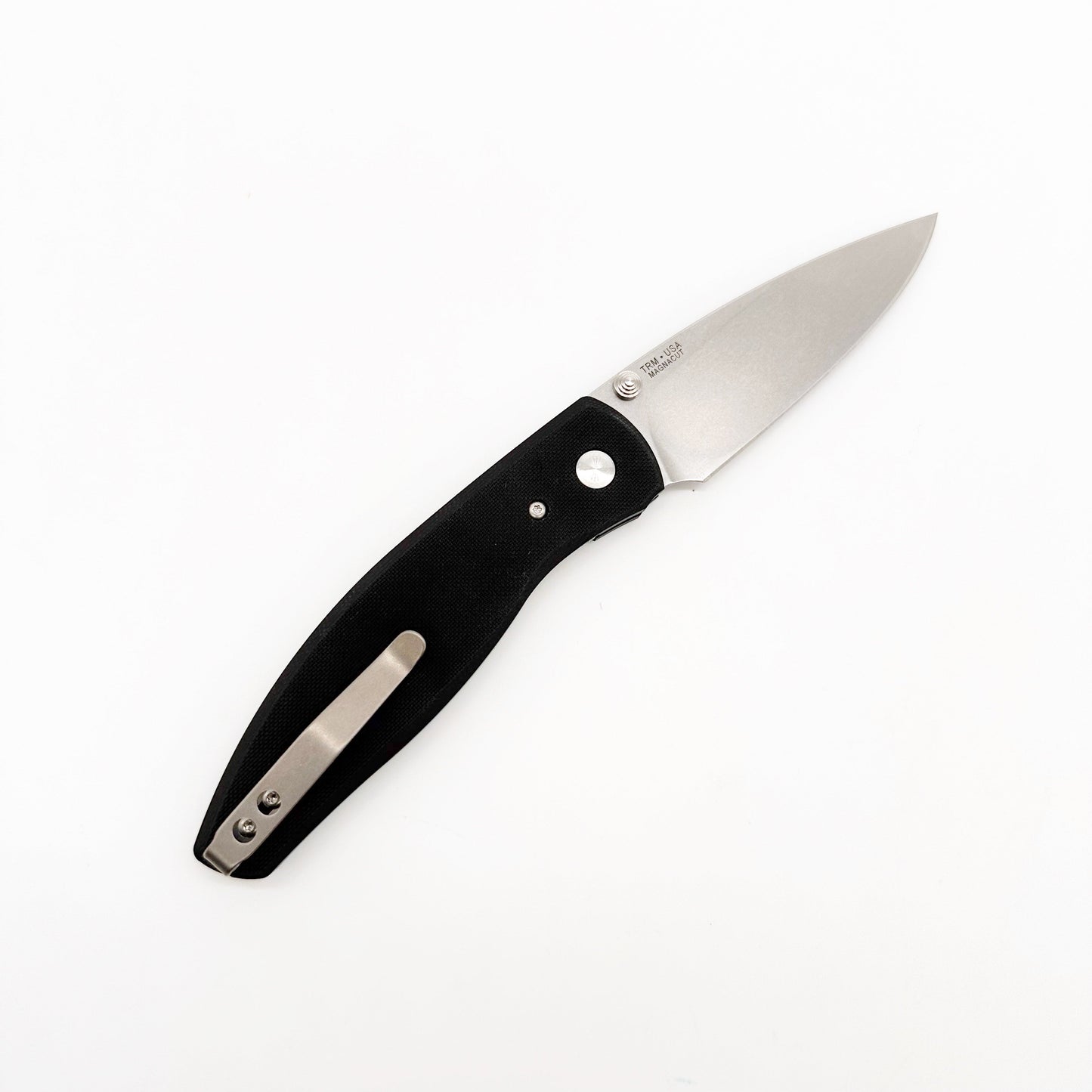 Three Rivers Mfg ATOM Linerlock 3.5" Tumbled CPM-MagnaCut Jet Black G10 Scales