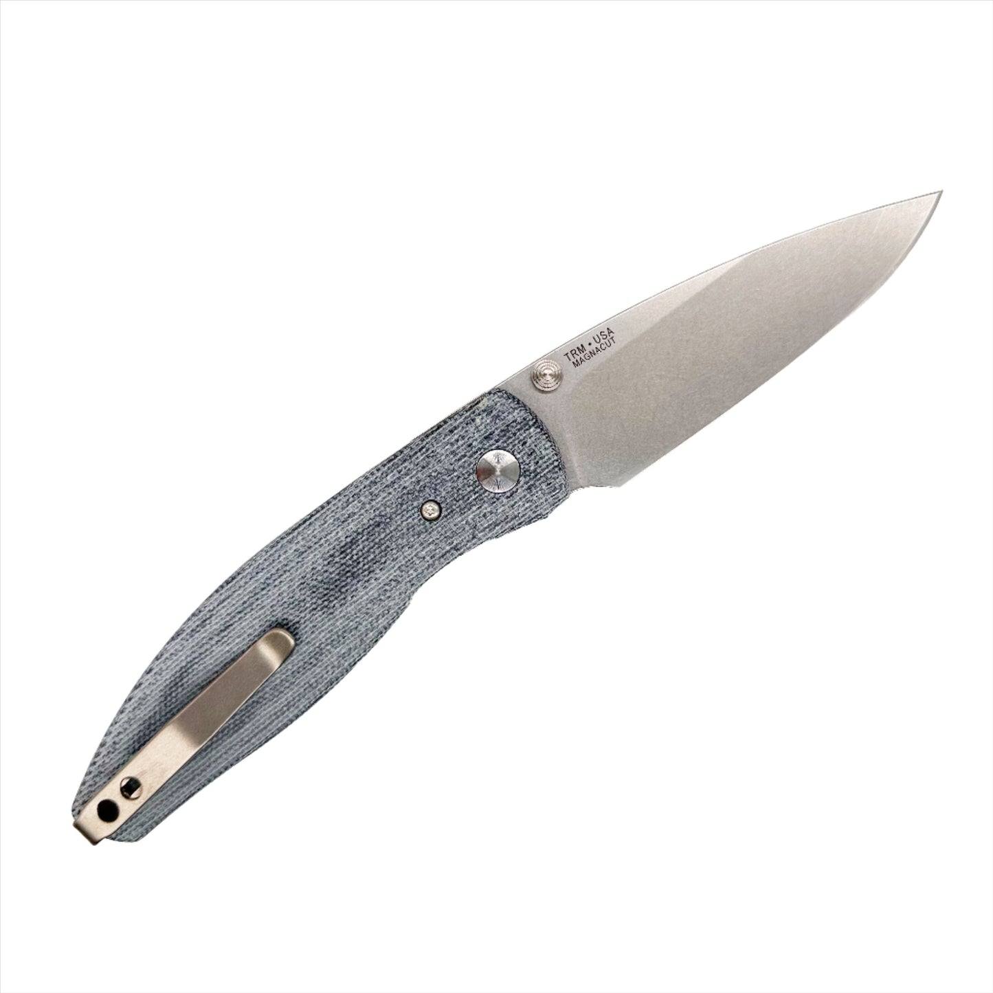 Three Rivers Mfg ATOM Linerlock 3.5" Tumbled CPM-MagnaCut Blue Denim Micarta 3D Lizard Skin Contoured Scales
