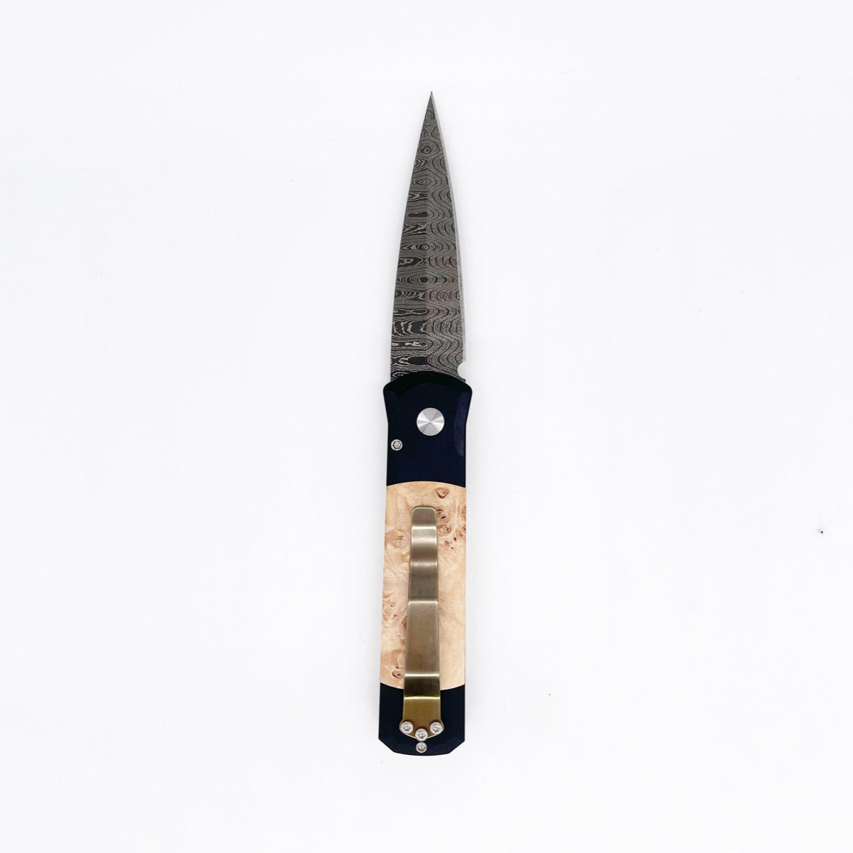 Pro-Tech 706-Dam-Ladder Custom Godson Folding Knife Maple Burl Handle Inlays Mosaic Button Chad Nichols Ladder Damascus