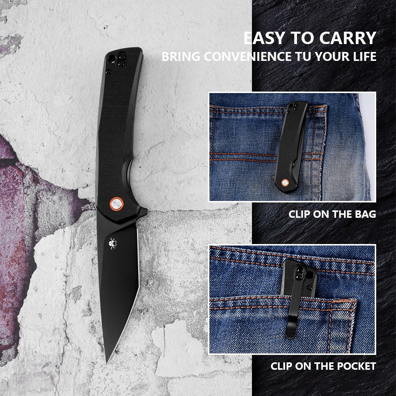 Klaken J147 Virex J147-D-BlackDP-BlackG10 reversible deep-carry pocket clip shown on pocket and bag