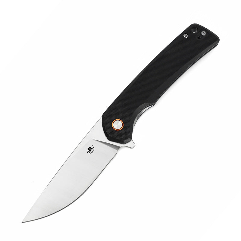 Klaken J147 Virex J147-D-SatinDP-BlackG10 front view – 3.54" satin D2 drop point folding knife with black G10 handle