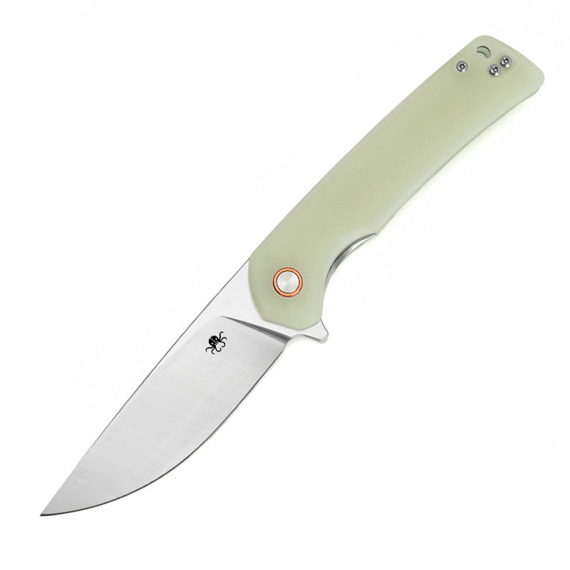 Klaken J147 Virex J147-D-SatinDP-JadeG10 front view – 3.54" satin D2 drop point folding knife with jade G10 handle