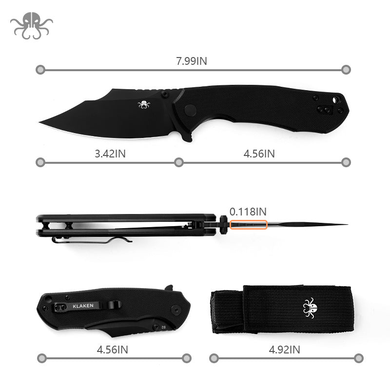 Klaken B04 Grani J209-BlackG10-Blackblade liner lock detail with dimensions and nylon pouch