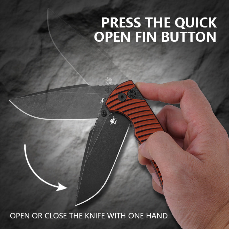 Klaken J392 Riftline J392-OrangeG10-BlackBlade button lock and flipper deployment detail