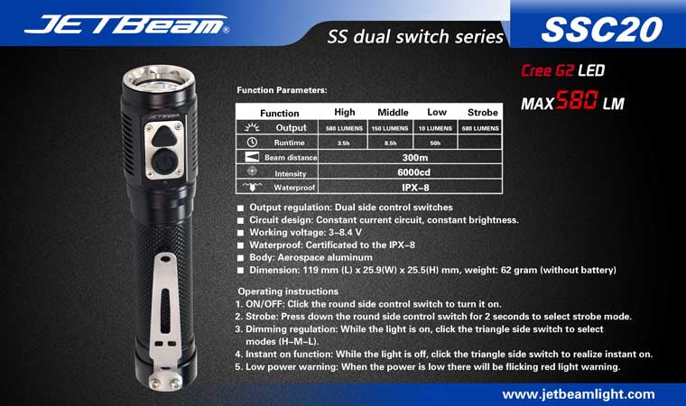 JETBeam SSC20 CREE G2 580 Lumen 2 x CR123 or 1 x 18650 Flashlight