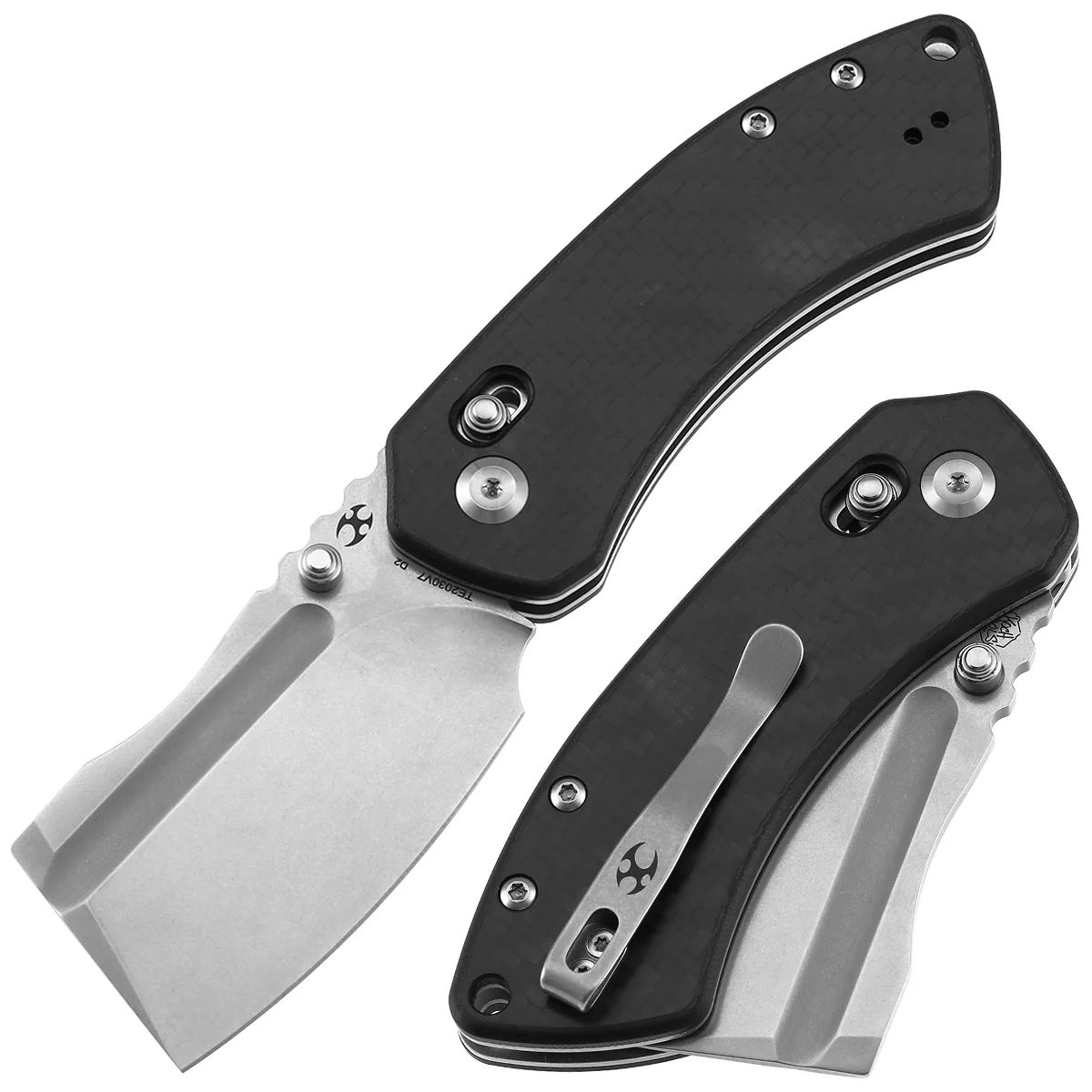 Kansept Korvid V TE2030V7 – 2.91" Stonewashed D2 Cleaver Crossbar Lock Knife, Twill Carbon Fiber & G10 Handle, Koch Tools Design