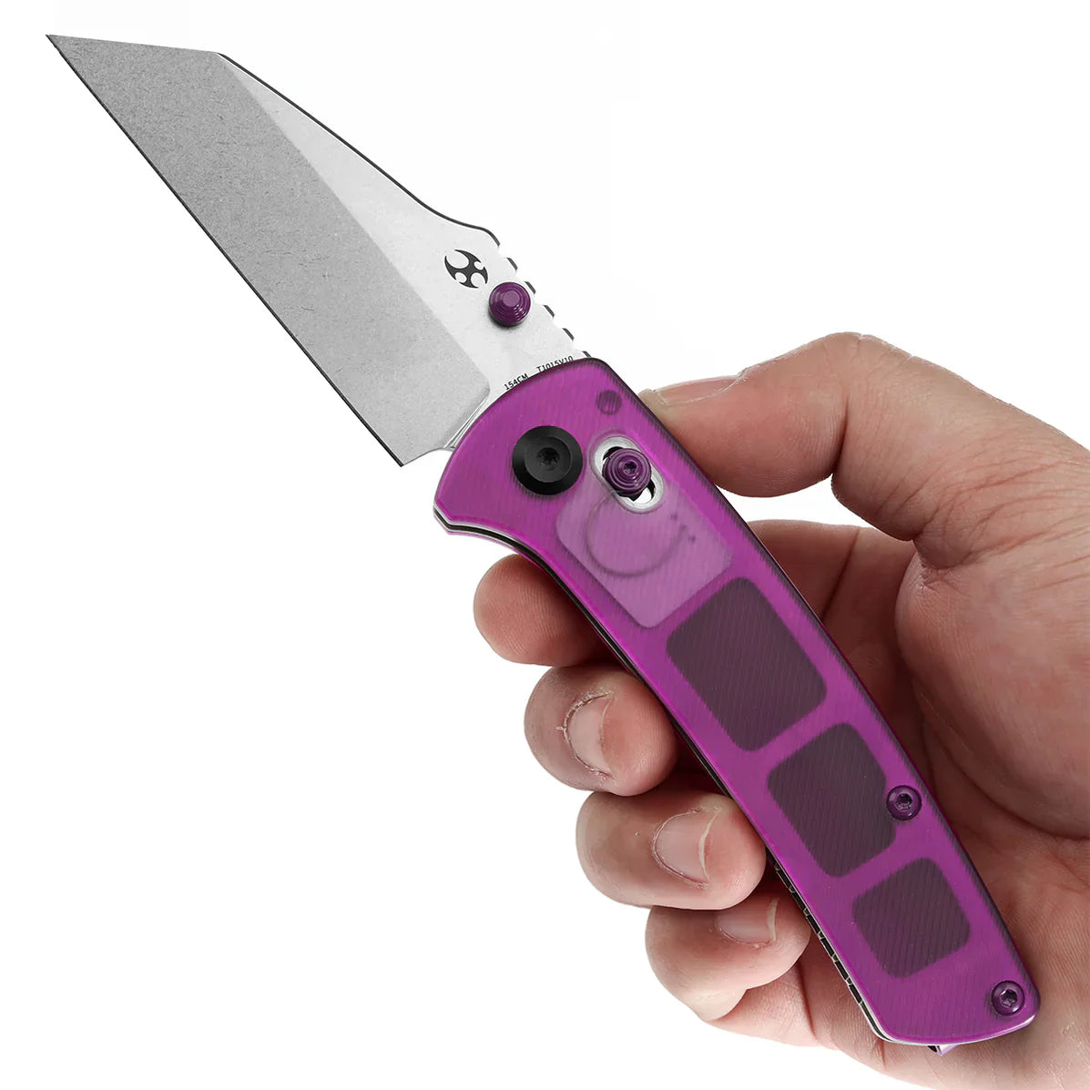 Kansept Main Street T1015V10 – 3.36" 154CM Wharncliffe Crossbar Lock Knife with Purple Acrylic Handle