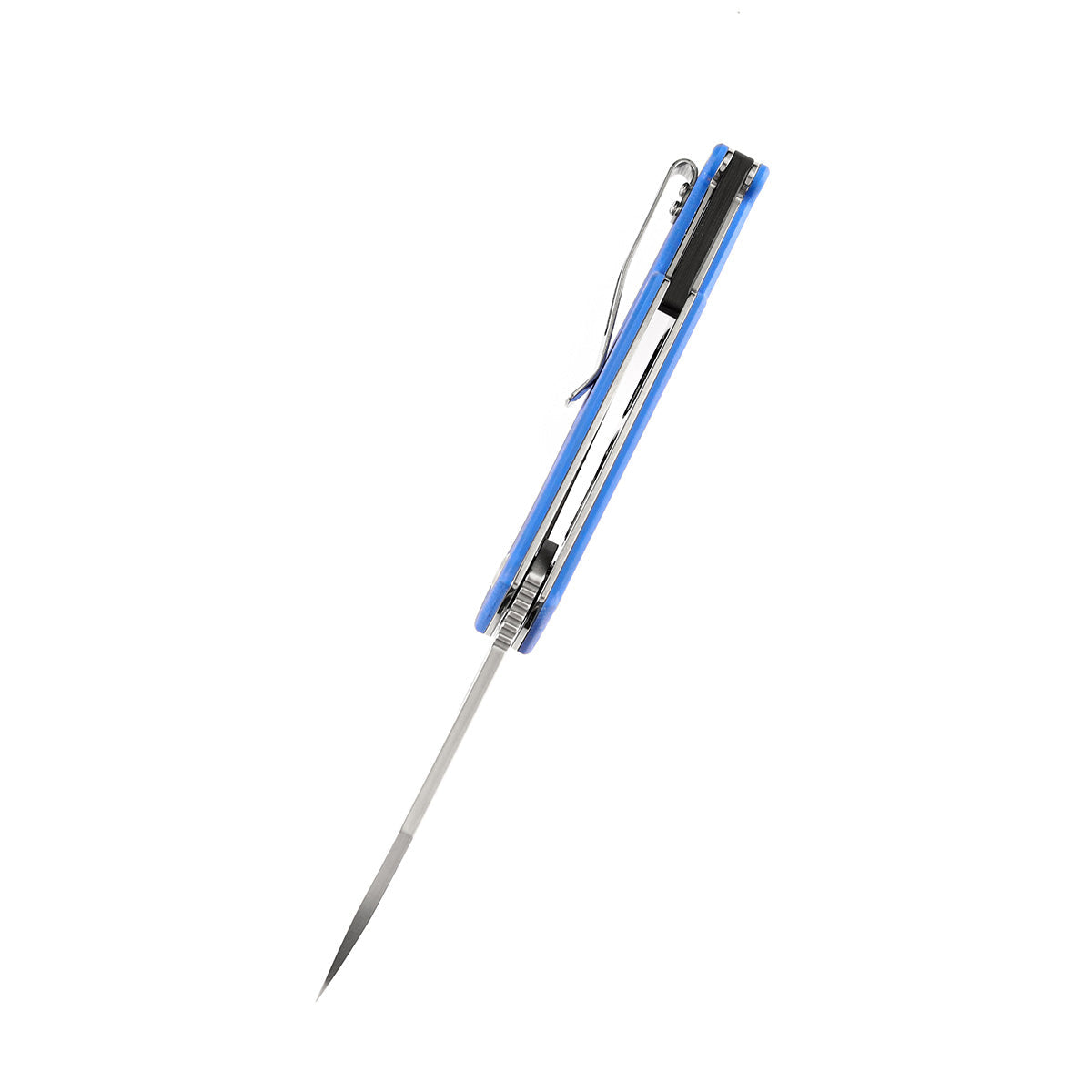 Blue handle lock knife with metal clip and extended blade