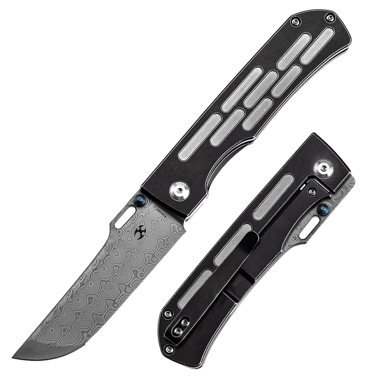 Damascus folding knife with black titanium handle and deep-carry clip