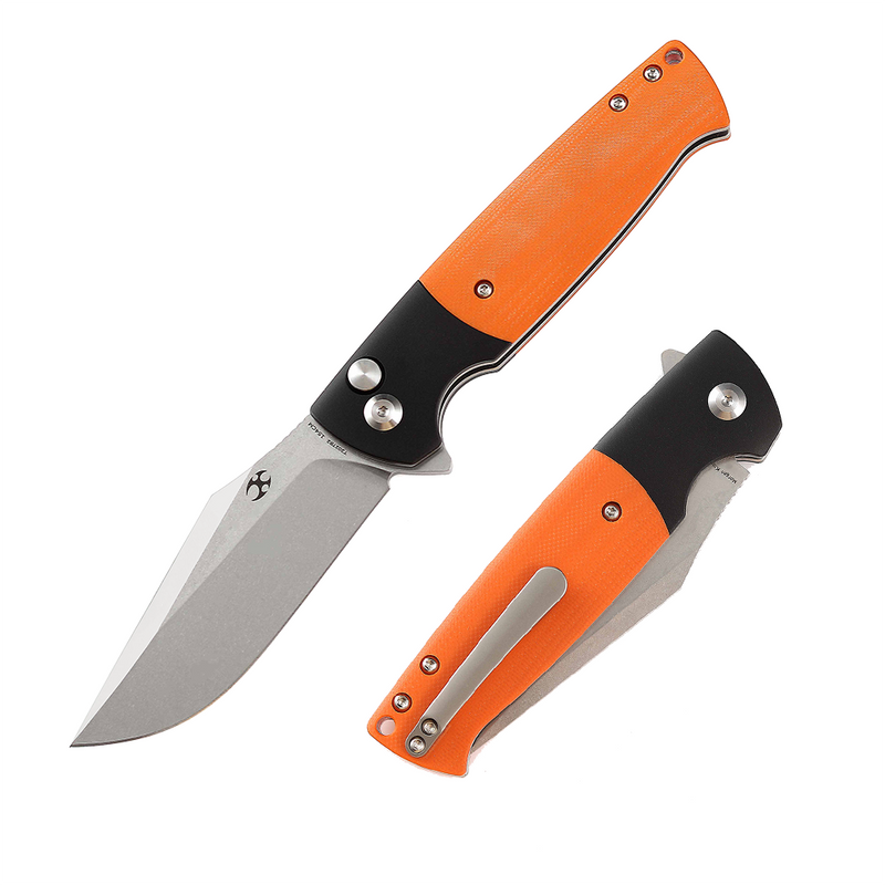 Orange and black folding knife with clip point blade and button lock