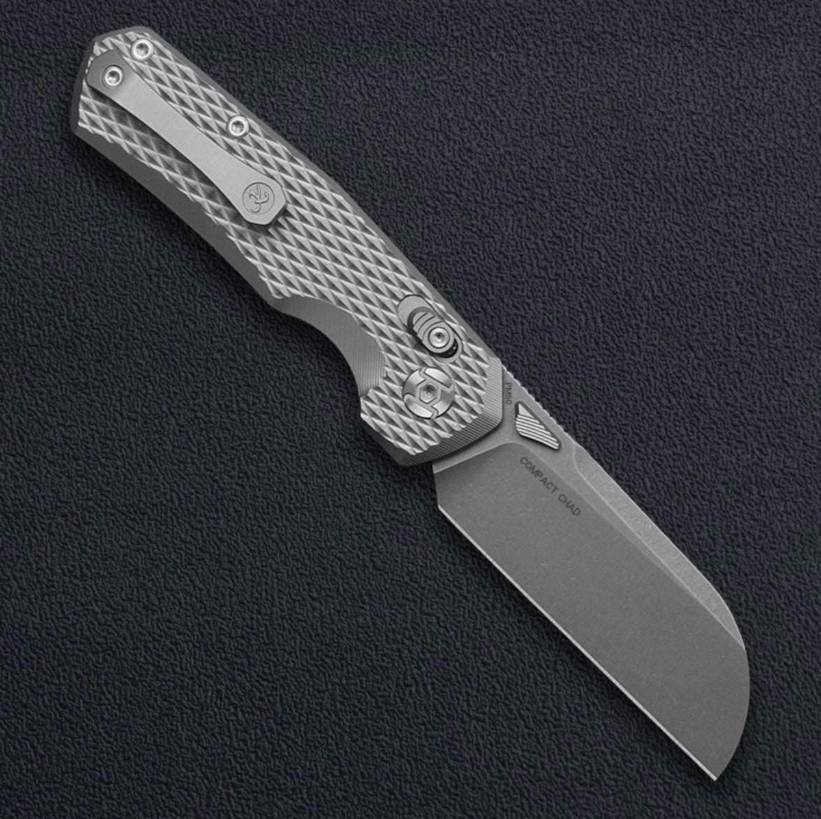 Kunwu Compact Chad SX703C-T1, 3.11″ Grey Stonewashed PM60 Blade, Titanium Handle, Frame Lock, view 2