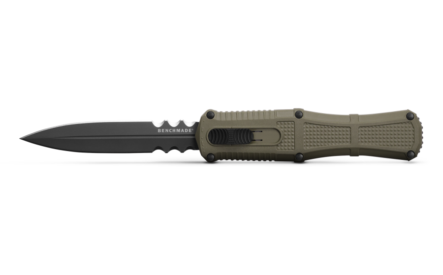 Benchmade Claymore OTF 3370SGY-1 Tactical Knife 3.89in Serrated CPM-D2 Blade Ranger Green Grivory Handles