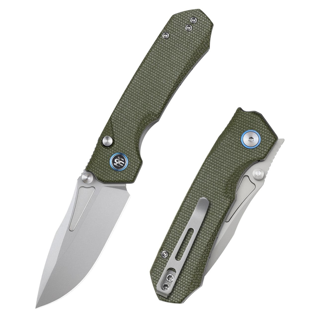 Remette Rhino MC25A – 3.15″ 14C28N drop point, green Micarta, button lock folding knife