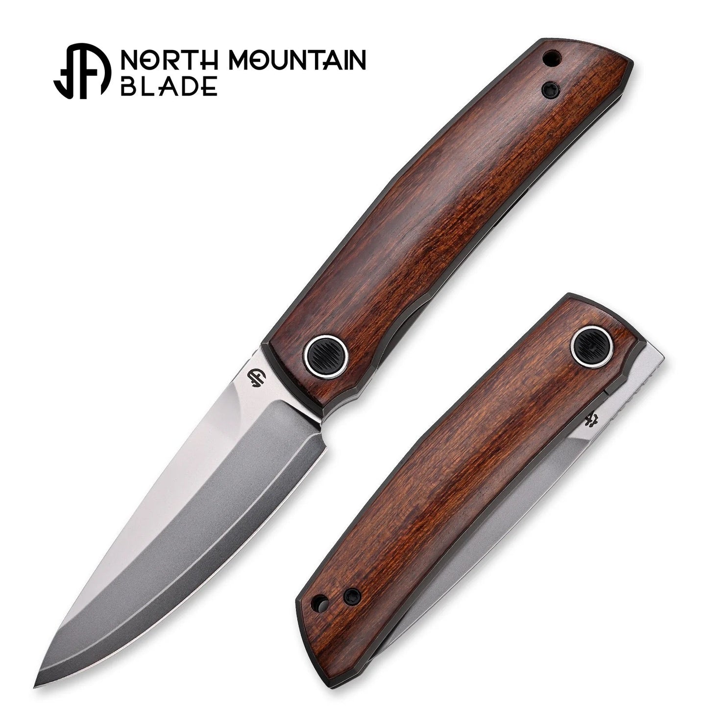 North Mountain Blade 2508-WD Mamoru Guardian – ZDP-189 Front Flipper Desert Ironwood Folding Knife - Product Overview Front and Back