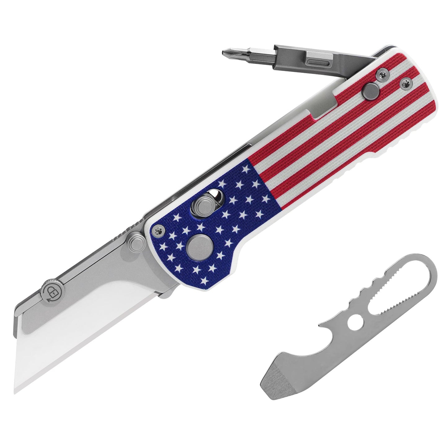 Oknife U1 Pro Stars & Stripes front view – multitool folding utility knife with folding screwdriver