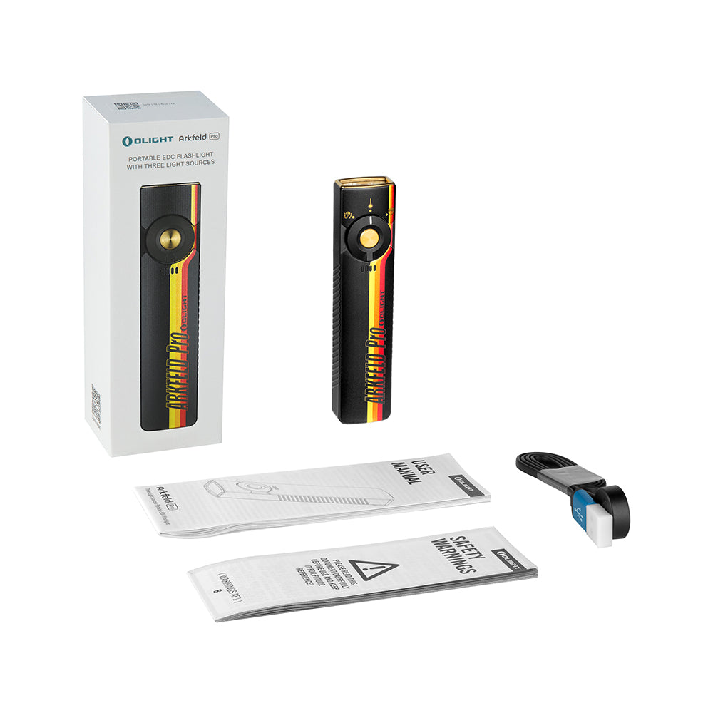 Olight Arkfeld Pro Racing Stripes package contents – flashlight, retail box, user manual and MCC magnetic charging cable