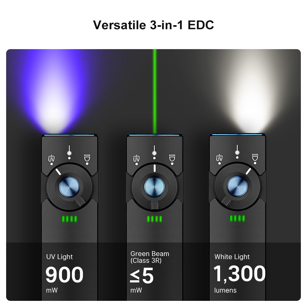 Olight Arkfeld Pro versatile 3-in-1 EDC – 900 mW UV light, Class 3R green beam under 5 mW and 1,300 lumen white light