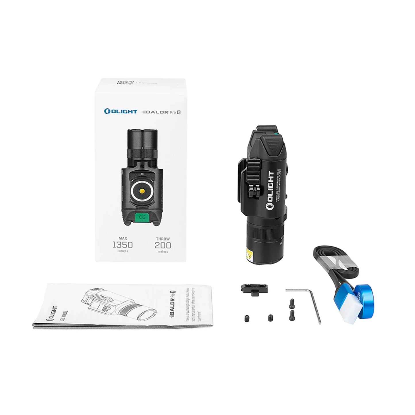 Olight Baldr Pro R Black package contents – pistol light, retail box, rail adapters, hex key and magnetic charging cable