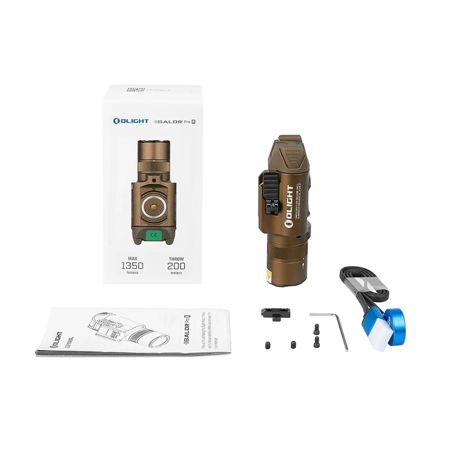 Olight Baldr Pro R Desert Tan package contents – pistol light, retail box, rail adapters, hex key and magnetic charging cable