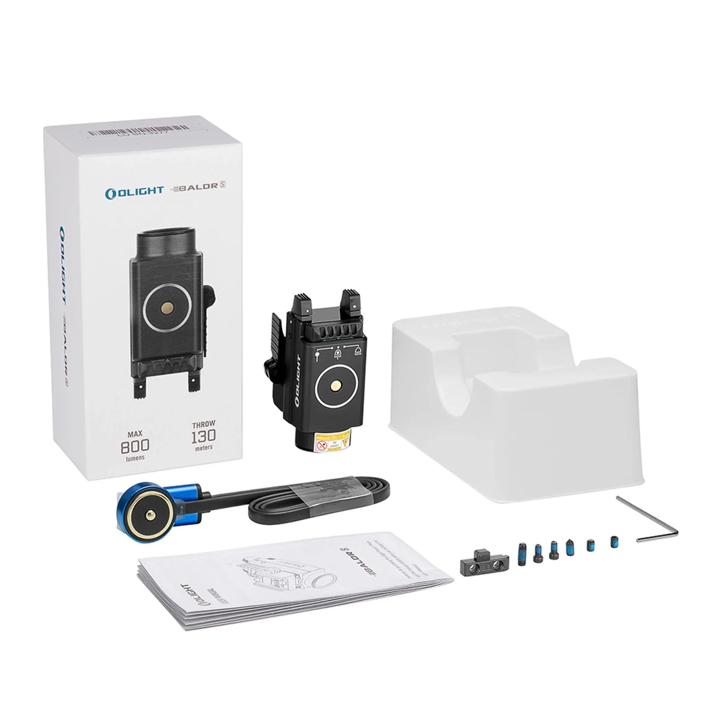 Olight Baldr S Black package contents – pistol light, retail box, rail adapters, hex key and magnetic charging cable