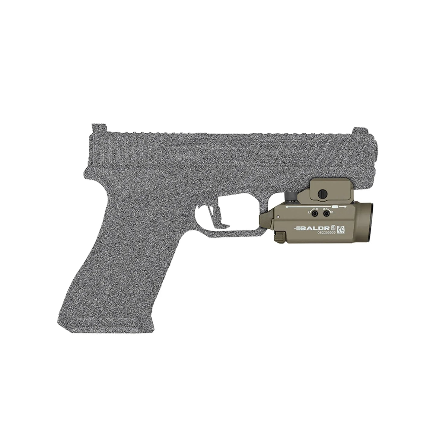 Olight Baldr S Desert Tan mounted on a pistol rail